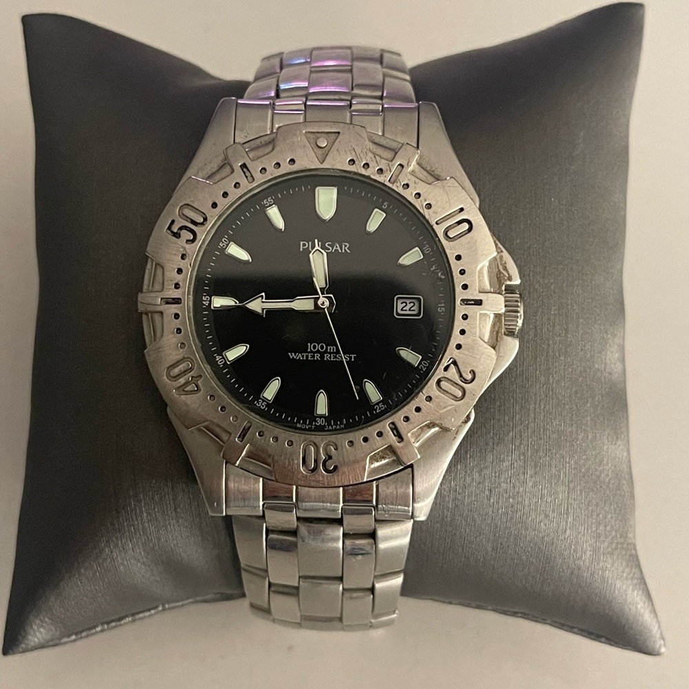 Pulsar Black Dial Silver Band Watch